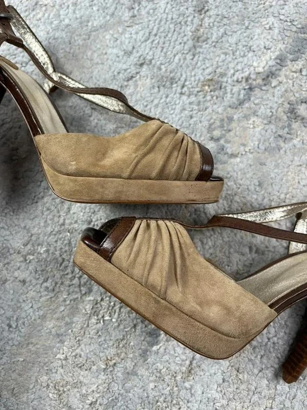Bimba Y Lola Sandálias plataforma femininas de couro marrom com salto slingback Tamanho 39EU – photo 6